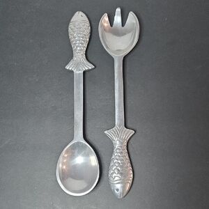 Vintage Silver Metal Fish-Handle Salad Serving Utensils